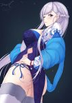  1girl alternate_costume ass azur_lane bangs belfast_(azur_lane) blue_eyes blush braid breasts chains china_dress chinese_clothes collar dated dress earrings eyebrows_visible_through_hair from_side jewelry large_breasts long_hair looking_at_viewer panties parted_lips pelvic_curtain purple_hair shrug_(clothing) side-tie_panties signature smile solo thigh-highs underwear unel 