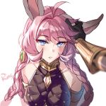  1boy 1girl :o ahoge aki663 animal_ears bangs bare_shoulders blue_eyes blush braid breasts erune esser eyebrows_visible_through_hair gauntlets gloves granblue_fantasy hair_ornament hand_on_another&#039;s_head long_hair looking_at_viewer out_of_frame parted_lips petting pink_hair pov pov_hands quatre_(granblue_fantasy) sleeveless very_long_hair 