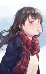  1girl bangs blue_jacket blush breasts breath brown_eyes brown_hair commentary_request eyebrows_visible_through_hair fringe_trim highres jacket long_hair looking_at_viewer nose open_clothes open_jacket original parted_lips plaid plaid_scarf red_scarf saino scarf small_breasts solo sweater white_sweater 