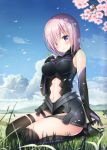  1girl absurdres ankle_boots armor armored_dress bare_shoulders black_armor black_dress black_gloves black_legwear blue_sky blush boots breasts closed_mouth clouds clover day dress elbow_gloves fate/grand_order fate_(series) field four-leaf_clover full_body gloves grass grey_footwear hair_over_one_eye high_heel_boots high_heels highres holding looking_at_viewer mash_kyrielight medium_breasts navel navel_cutout outdoors pink_hair scan seiza short_hair sitting sky sleeveless sleeveless_dress smile solo sousouman stomach thigh-highs thigh_strap thighs violet_eyes 
