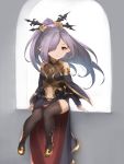  1girl bare_shoulders black_legwear blurry blurry_background blush boots chokuro cloak closed_mouth commentary_request dress gloves granblue_fantasy hair_ornament hair_over_one_eye hair_stick harvin high_ponytail highres long_hair looking_at_viewer navel navel_cutout nio_(granblue_fantasy) pointy_ears ponytail purple_hair red_eyes sitting smile solo thigh-highs thigh_boots white_gloves wuming 