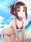  1girl absurdres all_fours bangs beach beach_towel bikini black_bikini black_choker black_hair blue_sky blush bow bow_bikini breasts choker cleavage clouds collarbone commentary_request day eyebrows_visible_through_hair folded_ponytail frills hair_ribbon highres kaguya-sama_wa_kokurasetai_~tensai-tachi_no_renai_zunousen~ korean_commentary lens_flare looking_at_viewer maid maid_bikini maid_headdress navel ocean open_mouth outdoors parted_bangs red_eyes red_ribbon revision ribbon shinomiya_kaguya side-tie_bikini sidelocks sky small_breasts solo sunhyun swimsuit towel water wet white_bow 