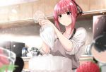  1girl apron bangs black_ribbon blue_eyes blue_nails blush bowl cake closed_mouth commentary_request eyebrows_visible_through_hair food fruit fuu_(fuore) go-toubun_no_hanayome grey_apron hair_ribbon hands_up highres icing indoors kitchen microwave milk_carton mixing_bowl nail_polish nakano_nino pastry_bag plate ponytail redhead ribbon shirt sidelocks sleeves_rolled_up soles standing strawberry white_shirt 