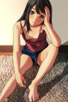  1girl bare_shoulders barefoot black_eyes black_hair blush denim denim_shorts highres long_hair matsunaga_kouyou original shorts sitting smile solo tank_top 