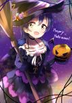  1girl bangs blue_hair blush broom cape choker collarbone commentary_request cowboy_shot eyebrows_visible_through_hair gloves hair_between_eyes halloween halloween_costume hat highres holding jack-o&#039;-lantern long_hair looking_at_viewer love_live! love_live!_school_idol_project night pumpkin ribbon smile sonoda_umi witch witch_hat yellow_eyes 