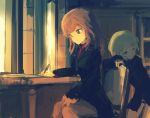  2girls arm_rest blonde_hair blue_eyes brown_hair chair dark fernandia_malvezzi frown indoors kabuyama_kaigi knees_together_feet_apart leaning_forward looking_away martina_crespi multiple_girls pen red_eyes short_hair sitting sketch sunlight world_witches_series writing 