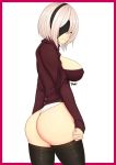  1girl ass black_blindfold black_hairband black_legwear blindfold border breasts cleavage hairband long_sleeves nier_(series) nier_automata red_border red_shirt ryu_seung shirt short_hair simple_background smile solo twitter_username white_background white_hair yorha_no._2_type_b 