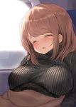  1girl bangs blush breasts brown_hair closed_eyes commentary_request drooling eyebrows_visible_through_hair fur_trim indoors jacket kaisen_chuui large_breasts medium_hair original ribbed_sweater sidelocks sleeping solo sweater swept_bangs turtleneck turtleneck_sweater upper_body 