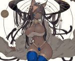  1girl animal_ears bangs black_eyes black_hair blue_legwear blunt_bangs breasts cat_ears cat_tail circlet dark_skin earrings eyelashes eyepatch fangs highres jewelry large_breasts long_hair mole mole_on_breast mole_on_crotch multiple_tails naruwe navel open_mouth original simple_background slit_pupils solo tail thigh-highs very_long_hair white_background 