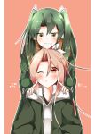  2girls cheek_poking green_hair hair_ribbon high_ponytail highres jacket kantai_collection long_hair multiple_girls pia_(botamochinjufu) pink_background pink_hair poking ponytail red_eyes ribbon smirk twintails zuihou_(kantai_collection) zuikaku_(kantai_collection) 