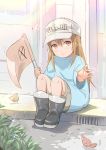  1girl aqua_shirt bird bird_request closed_mouth clothes_writing commentary hair_between_eyes hat hataraku_saibou highres holding knees_up light_blush light_brown_eyes light_brown_hair long_hair looking_at_viewer oversized_clothes oversized_shirt platelet_(hataraku_saibou) rangsiwut_sangwatsharakul shirt short_sleeves shorts sitting smile solo t-shirt up_sleeve white_hat 