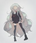  1girl asaoki bangs black_footwear black_legwear blush boots bow closed_mouth grey_background grey_hair long_hair original patterned patterned_clothing red_bow signature silver_hair simple_background solo thigh-highs very_long_hair yellow_eyes 