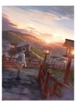  1girl black_footwear blue_bow blue_legwear bow brown_hair clouds day fence hair_bow huge_filesize japanese_clothes kneehighs lantern looking_at_viewer mountain original outdoors path plant road scenery sho_(shoichi-kokubun) smile solo standing sunrise 