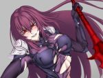  1girl akx90000 blurry blurry_background blush bodysuit breasts clenched_teeth covered_nipples erect_nipples eyebrows_visible_through_hair fangs fate/grand_order fate_(series) female floating_hair gae_bolg grey_background grin hair_intakes highres holding holding_spear holding_weapon large_breasts leaning leaning_to_the_side long_hair looking_at_viewer pauldrons polearm purple_bodysuit purple_hair red_eyes scathach_(fate)_(all) scathach_(fate/grand_order) shoulder_pads simple_background skin_tight slit_pupils smile solo spear teeth torn_bodysuit torn_clothes type-moon upper_body very_long_hair weapon 