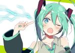  1girl 4_(nakajima4423) :o ;d bare_shoulders blue_hair blue_nails blue_neckwear blush close-up detached_sleeves electricity eyebrows_visible_through_hair face finger_to_face fingernails green_background grey_shirt hatsune_miku head_tilt index_finger_raised long_hair looking_away nail_polish necktie one_eye_closed open_mouth shirt simple_background sleeveless sleeveless_shirt smile solo sparkling_eyes twintails two-tone_background upper_body vocaloid white_background 