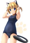  1girl ahoge animal_ear_fluff animal_ears armpit_crease arms_up ass_visible_through_thighs bangs bare_arms bare_shoulders bell bell_collar blonde_hair blue_eyes blue_swimsuit blush breasts cat_ears cat_girl cat_tail collar commentary_request eyebrows_visible_through_hair fang hair_between_eyes highres jingle_bell looking_at_viewer old_school_swimsuit one-piece_swimsuit open_mouth original red_collar school_swimsuit shibacha short_hair small_breasts solo swimsuit tail twintails white_background 