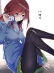  1girl bangs between_legs black_legwear blue_cardigan blue_eyes breasts brown_hair cardigan commentary_request eyebrows_visible_through_hair feet_out_of_frame fingernails flugel_(kaleido_scope-710) go-toubun_no_hanayome green_skirt hair_between_eyes hand_between_legs hand_on_headphones headphones headphones_around_neck highres large_breasts legs long_sleeves medium_breasts medium_hair nakano_miku pantyhose shirt sitting skirt solo thighs white_shirt 