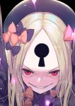  1girl abigail_williams_(fate/grand_order) black_bow black_hat blonde_hair blush bow everfornever evil_grin evil_smile eyebrows eyelashes fate/grand_order fate_(series) forehead grin hair_bow hat keyhole long_sleeves looking_at_viewer multiple_bows open_mouth orange_bow polka_dot polka_dot_bow red_eyes sharp_teeth slit_pupils smile solo tears teeth 