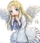  1girl bangs blonde_hair blue_bow blue_eyes blush bow closed_mouth commentary dress dutch_angle eating eyebrows_visible_through_hair feathered_wings firo_(tate_no_yuusha_no_nariagari) food highres hikari_niji holding holding_food long_hair long_sleeves looking_at_viewer parted_bangs simple_background solo tate_no_yuusha_no_nariagari twitter_username white_background white_dress white_wings wings 