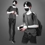  1boy backpack bag book earphones full_body greyscale highres jung_yoon-oh male_focus monochrome nct_(band) real_life revolmxd shoes sneakers solo spot_color surgical_mask wristband 