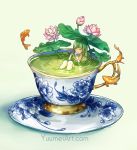  1girl bangs bathing blunt_bangs closed_eyes commentary cup english_commentary flower flying_fish green_hair green_tea in_container in_cup koi lily_pad long_hair lotus minigirl original partially_submerged porcelain saucer solo tea teacup watermark web_address wenqing_yan white_background 