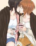  2girls bangs blue_shorts brown_hair cardigan casual closed_eyes commentary cup dog dress eyebrows_visible_through_hair facing_another girls_und_panzer heart heart_print holding holding_cup incest kiss long_sleeves mug multiple_girls mutsu_(layergreen) nishizumi_maho nishizumi_miho open_cardigan open_clothes parted_lips shared_blanket shiba_inu shirt short_hair shorts siblings side-by-side sisters sitting smile white_cardigan white_dress white_shirt yuri 