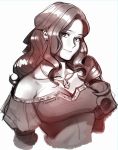  1girl artist_name breasts cleavage disloyalty:_unfair_love drill_locks earrings gem greyscale heart highres jewelry medium_breasts monochrome necklace off_shoulder puffy_sleeves revolmxd sepia signature sketch smile solo upper_body wavy_hair 