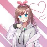  1girl a.i._channel bangs blue_eyes blush brown_hair character_name commentary_request drawstring ds_a eyebrows_visible_through_hair fingernails grey_hoodie hair_ribbon hairband heart hood hood_down jacket kizuna_ai long_hair looking_at_viewer multicolored_hair nail_polish off_shoulder open_clothes open_jacket parted_lips pink_hair pink_hairband pink_nails pink_ribbon pointing ribbon solo streaked_hair upper_body virtual_youtuber white_jacket 
