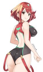  1girl ass back_cutout bangs bare_shoulders breasts brown_eyes earrings highres pyra_(xenoblade) j@ck jewelry large_breasts looking_at_viewer looking_back nintendo one-piece_swimsuit redhead ribbed_swimsuit short_hair smile solo star star_earrings swept_bangs swimsuit tiara twitter_username xenoblade_(series) xenoblade_2 