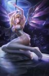  1girl armband bangs blonde_hair hands_above_head highres long_hair looking_at_viewer mercy_(overwatch) overwatch solo wang_chen white_legwear 