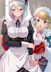  2girls absurdres alternate_costume apron azur_lane black_legwear black_neckwear blonde_hair blue_eyes blush bow bowtie breasts cowboy_shot curtains day enmaided eyebrows_visible_through_hair hair_between_eyes hair_bow hand_on_own_arm highres karakushi long_sleeves looking_at_another maid maid_apron maid_headdress medium_breasts multiple_girls neck_ribbon puffy_long_sleeves puffy_sleeves red_neckwear ribbon short_hair silver_hair thigh-highs tirpitz_(azur_lane) window wrist_cuffs z23_(azur_lane) 