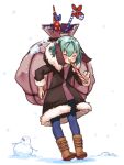  1girl animal_ears blowing blue_bow boots bow brown_footwear closed_eyes dog_ears eyebrows_visible_through_hair full_body fur_trim green_hair highres kasodani_kyouko party_horn polka_dot red_bow snow snowing snowman solo standing striped touhou white_background yoruny 
