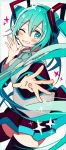  +_+ 1girl 4_(nakajima4423) ;) anniversary blue_border blue_hair blue_neckwear blush border detached_sleeves eyebrows_visible_through_hair floating_hair grey_shirt hatsune_miku head_tilt long_hair looking_at_viewer necktie number one_eye_closed outside_border outstretched_hand shirt simple_background skirt smile solo sparkle thigh-highs thighs very_long_hair vocaloid white_background 