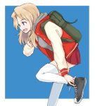  1girl backpack bag black_footwear blonde_hair blue_background blue_eyes casual commentary cross-laced_footwear eyebrows_visible_through_hair girls_und_panzer grey_shirt hair_intakes hood hoodie jacket kay_(girls_und_panzer) leaning_forward leg_up letterman_jacket long_hair long_sleeves miniskirt mutsu_(layergreen) open_clothes open_jacket open_mouth outside_border pleated_skirt red_jacket red_skirt shirt shoes skirt smile sneakers solo standing standing_on_one_leg thigh-highs white_legwear 