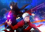  1boy 1girl anniversary archer black_bow black_hair black_skirt blue_eyes bow character_name cityscape closed_mouth copyright_name fate/stay_night fate_(series) grey_eyes hair_bow highres jewelry karasaki long_hair pendant red_shirt shirt skirt smile tohsaka_rin two_side_up white_hair 