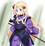  1girl abigail_williams_(fate/grand_order) bangs beads black_bow black_gloves blonde_hair blurry blurry_background blush bow closed_mouth commentary_request cosplay_request crossed_bandaids depth_of_field eyebrows_visible_through_hair fate/grand_order fate_(series) fingerless_gloves gloves hair_bow hand_up highres holding jumpsuit kujou_karasuma long_hair long_sleeves orange_bow parted_bangs prayer_beads puffy_long_sleeves puffy_sleeves purple_jumpsuit signature solo standing v-shaped_eyebrows very_long_hair 