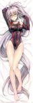  1girl absurdly_long_hair absurdres bangs barefoot bed_sheet black_choker black_gloves black_jacket blue_swimsuit blush breasts choker collar collarbone competition_school_swimsuit cropped_jacket dakimakura eyebrows_visible_through_hair fate/grand_order fate_(series) full_body glasses gloves highres jacket jeanne_d&#039;arc_(alter_swimsuit_berserker) jeanne_d&#039;arc_(fate)_(all) kotatsu_(kotatsu358) long_hair long_sleeves looking_at_viewer lying medium_breasts on_back one-piece_swimsuit open_clothes open_jacket parted_lips scan shiny shiny_hair silver_hair solo swimsuit toenails toes very_long_hair whistle whistle_around_neck yellow_eyes 