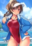  &gt;:) 1girl artist_name ass_visible_through_thighs blue_jacket brand_name_imitation breasts brown_hair clouds competition_swimsuit contrapposto cowboy_shot day hand_on_hip high_ponytail highres jacket kurenai_hanpen long_hair looking_at_viewer medium_breasts one-piece_swimsuit open_clothes open_jacket original outdoors pool red_eyes sky solo swimsuit track_jacket visor_cap whistle whistle_around_neck zipper_pull_tab 
