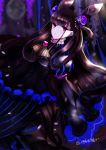  1girl bangs black_dress blurry blurry_background breasts brown_hair commentary_request depth_of_field dress dutch_angle eyebrows_visible_through_hair fate/grand_order fate_(series) full_moon hair_ornament highres juliet_sleeves large_breasts long_hair long_sleeves looking_at_viewer lunacats moon murasaki_shikibu_(fate) parted_lips puffy_sleeves ribbon-trimmed_dress ribbon_trim sidelocks sleeves_past_fingers sleeves_past_wrists solo twitter_username two_side_up very_long_hair violet_eyes wide_sleeves 