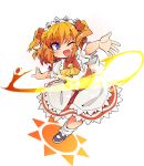  1girl blue_eyes commentary_request fairy fairy_wings fang full_body ini_(inunabe00) light magic mary_janes one_eye_closed open_mouth orange_hair outstretched_arms red_skirt ribbon shirt shoes short_hair skirt smile socks solo standing standing_on_one_leg sunny_milk touhou transparent_background two_side_up white_shirt wings 