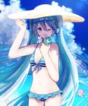  1girl ;d bikini blue_bikini blue_eyes blue_hair blue_sky breasts cleavage clouds collarbone cowboy_shot floating_hair food frilled_bikini_bottom front-tie_bikini front-tie_top groin hat hatsune_miku headphones highres holding ice_cream long_hair looking_at_viewer megurine_luka navel nomuraumu one_eye_closed open_mouth outdoors sky small_breasts smile standing striped_bikini_top sun_hat swimsuit very_long_hair vocaloid white_hat 