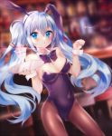  1girl animal_ears artist_name blue_eyes blue_hair blurry blurry_background blush bow bowtie breasts bunnysuit cleavage collar covered_navel cowboy_shot dutch_angle food hair_between_eyes hatsune_miku ice_cream leotard long_hair looking_at_viewer medium_breasts nail_polish pantyhose paw_pose rabbit_ears sidelocks solo sundae timins tray twintails very_long_hair vocaloid wrist_cuffs 