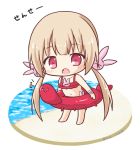  &gt;_&lt; 1girl :o bandage bandaged_arm bandages bare_shoulders barefoot beach bikini blush bunny_hair_ornament chibi collarbone fang full_body hair_ornament innertube light_brown_hair long_hair looking_at_viewer low_twintails natori_sana navel open_mouth red_bikini red_eyes red_innertube rinechun sana_channel sand solo standing swimsuit translated twintails very_long_hair virtual_youtuber water white_background 