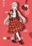  1girl 2018 alternate_costume artist_name belt beret black_ribbon blonde_hair brown_footwear brown_jacket candy chocolate dated earrings eyebrows_visible_through_hair fen_renlei floating_hair food full_body hat heart jacket jewelry long_hair looking_at_viewer mayu_(vocaloid) necklace pantyhose pink_background plaid plaid_skirt polka_dot polka_dot_background red_ribbon ribbon shadow shirt simple_background skirt smile solo standing striped striped_background stuffed_animal stuffed_bunny stuffed_toy sweater sweets tag turtleneck turtleneck_sweater usano_mimi vertical-striped_background vertical_stripes very_long_hair vocaloid white_shirt yellow_eyes 