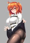  1girl abe_inori ahoge ass belt black_legwear black_skirt blush breasts fate/grand_order fate_(series) fujimaru_ritsuka_(female) grey_background hair_ornament hair_scrunchie large_breasts looking_at_viewer one_side_up open_mouth orange_eyes orange_hair orange_scrunchie scrunchie short_hair simple_background skirt skirt_lift solo 