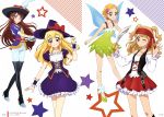  4girls absurdres aikatsu! aikatsu!_(series) black_footwear black_hat blonde_hair blue_wings boots bow braid brown_hair butterfly_wings collarbone corset dress floating_hair flower frilled_skirt frills green_eyes grey_dress hair_flower hair_ornament hat hat_bow hat_feather high_heel_boots high_heels highres holding holding_sword holding_weapon hoshimiya_ichigo index_finger_raised layered_skirt long_hair long_sleeves looking_at_viewer miniskirt multiple_girls natsuki_subaru off-shoulder_shirt off_shoulder official_art one_eye_closed page_number pants pirate_costume pleated_skirt print_dress purple_hat purple_skirt rapier red_bandana red_bow red_eyes red_flower red_ribbon red_skirt ribbon saber_(weapon) shibuki_ran shinjou_hinaki shirt shoes short_dress short_hair short_sleeves single_braid skirt sleeveless sleeveless_dress smile standing star sword thigh-highs thigh_boots twintails very_long_hair violet_eyes weapon white_background white_feathers white_pants white_shirt wings witch witch_hat wrist_cuffs 