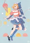  1girl 2018 ;d alternate_costume arm_at_side artist_name bare_legs blonde_hair blue_background blue_eyes blue_skirt bracelet candy clothes_around_waist dated eyebrows_visible_through_hair fen_renlei finger_to_cheek food full_body hair_ribbon horizontal_stripes ice_cream jacket jacket_around_waist jewelry jumping kagamine_rin leg_up looking_at_viewer one_eye_closed open_mouth pink_shirt polka_dot polka_dot_background ribbon shadow shirt shoes short_hair simple_background skirt smile sneakers socks solo striped striped_background sweets vocaloid white_jacket white_legwear white_ribbon 