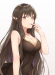  1girl alternate_costume bangs bare_shoulders biting black_cola black_dress black_hair breasts cleavage dress eyebrows_visible_through_hair fate/apocrypha fate/grand_order fate_(series) finger_biting fingernails hair_between_eyes highres long_fingernails long_hair looking_at_viewer medium_breasts pointy_ears semiramis_(fate) sleeveless sleeveless_dress solo upper_body white_background yellow_eyes 