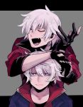  2boys bangs black_gloves blue_eyes closed_eyes closed_mouth dante_(devil_may_cry) devil_may_cry devil_may_cry_4 eyebrows_visible_through_hair facial_hair fang fingerless_gloves gloves grey_background mako_gai multiple_boys nero_(devil_may_cry) open_mouth shaded_face simple_background sleeves_rolled_up 