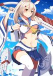  1girl armpits ayanami_(azur_lane) azur_lane bangs bare_shoulders belt bima_rahmaa black_choker blue_sailor_collar blue_skirt blue_sky blush bouncing_breasts breasts choker closed_eyes closed_mouth clouds commentary_request crop_top crop_top_overhang day detached_sleeves expressionless hair_between_eyes hair_ornament hairclip high_ponytail holding holding_sword holding_weapon knee_up long_hair long_sleeves looking_at_viewer medium_breasts miniskirt navel neckerchief orange_eyes outdoors pleated_skirt ponytail sailor_collar silver_hair skirt sky solo splashing stomach sword thigh-highs torpedo_tubes unaligned_breasts under_boob water weapon white_legwear wide_sleeves yellow_neckwear 